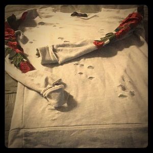 Akira Distressed Sweatshirt with Red Roses